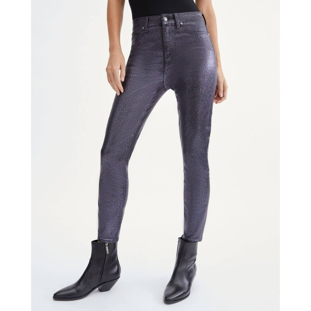 7 For All Mankind High-Waist Ankle Skinny Jeans Black Shimmer Stretch Denim Wome